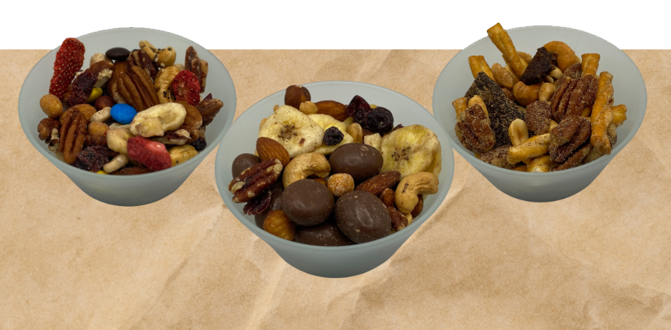 Three bowls of trail mix.